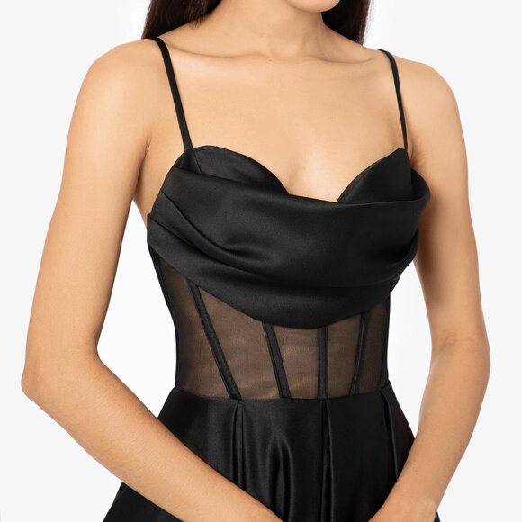 Sz 13 Blondie Nites Black Illusion Sheer Corset Cowlneck Ballgown Dress - Picture 10 of 10